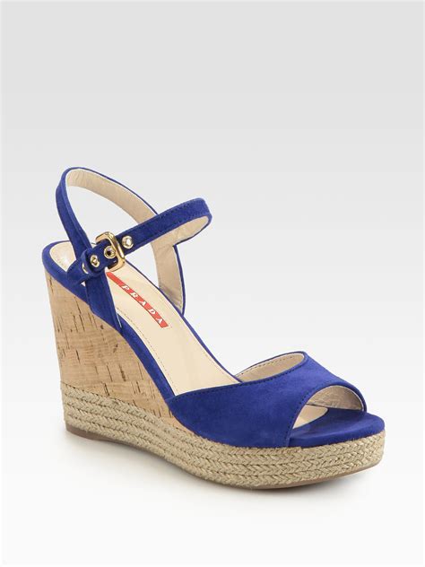 prada suede sandals blue|Prada wedge sandals.